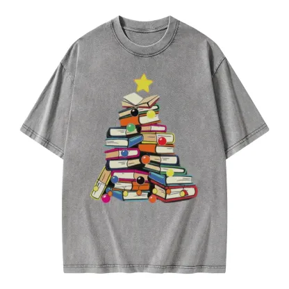 Pagewings Christmas Tree Bookworm Unisex Washed T-shirt