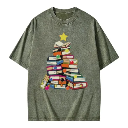 Pagewings Christmas Tree Bookworm Unisex Washed T-shirt