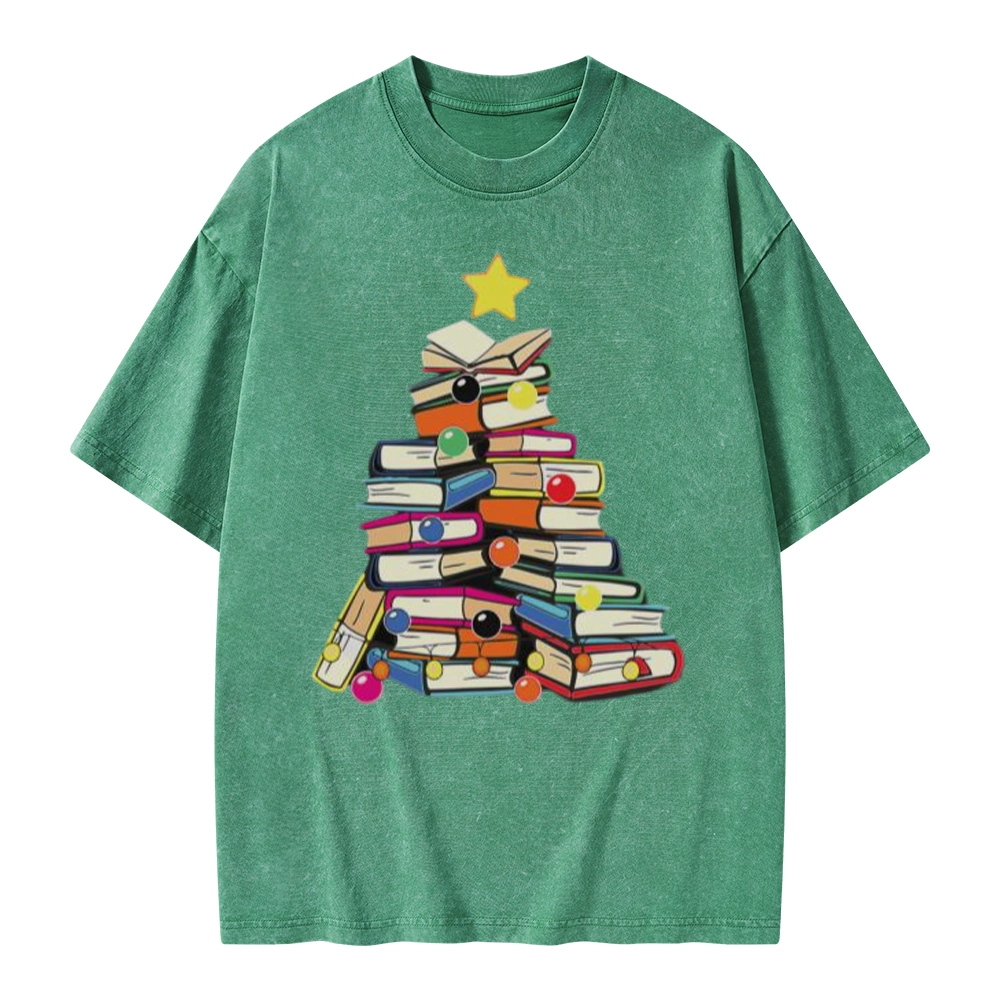 Pagewings Christmas Tree Bookworm Unisex Washed T-shirt