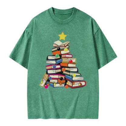 Pagewings Christmas Tree Bookworm Unisex Washed T-shirt