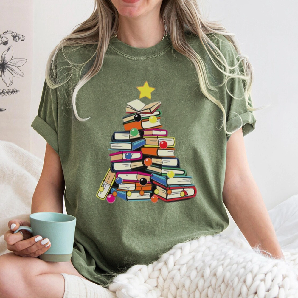 Pagewings Christmas Tree Bookworm Unisex Washed T-shirt