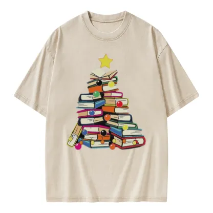 Pagewings Christmas Tree Bookworm Unisex Washed T-shirt