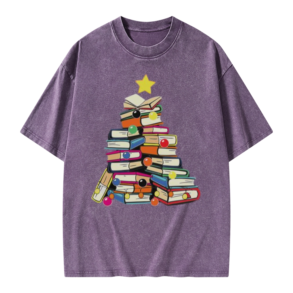 Pagewings Christmas Tree Bookworm Unisex Washed T-shirt