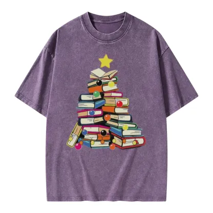 Pagewings Christmas Tree Bookworm Unisex Washed T-shirt