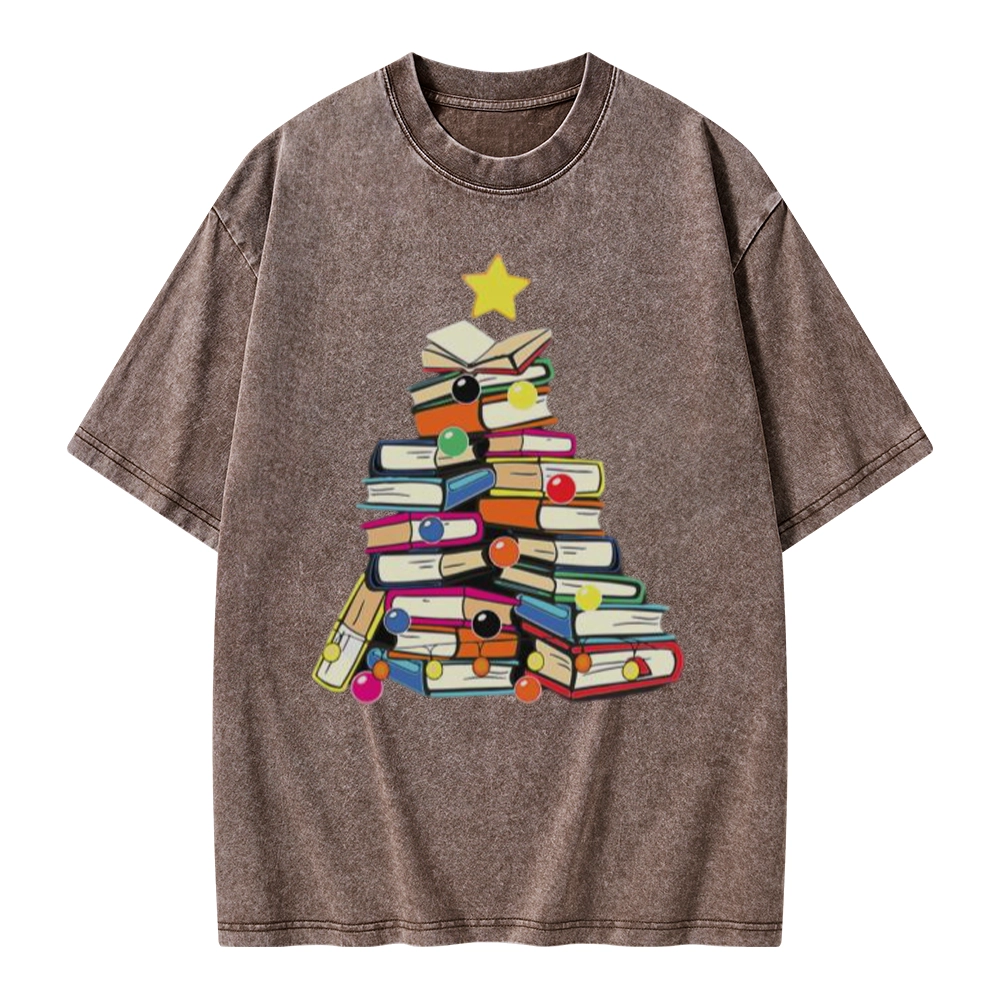 Pagewings Christmas Tree Bookworm Unisex Washed T-shirt