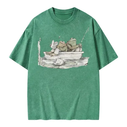 Pagewings Frog Reading Unisex Washed T-shirt