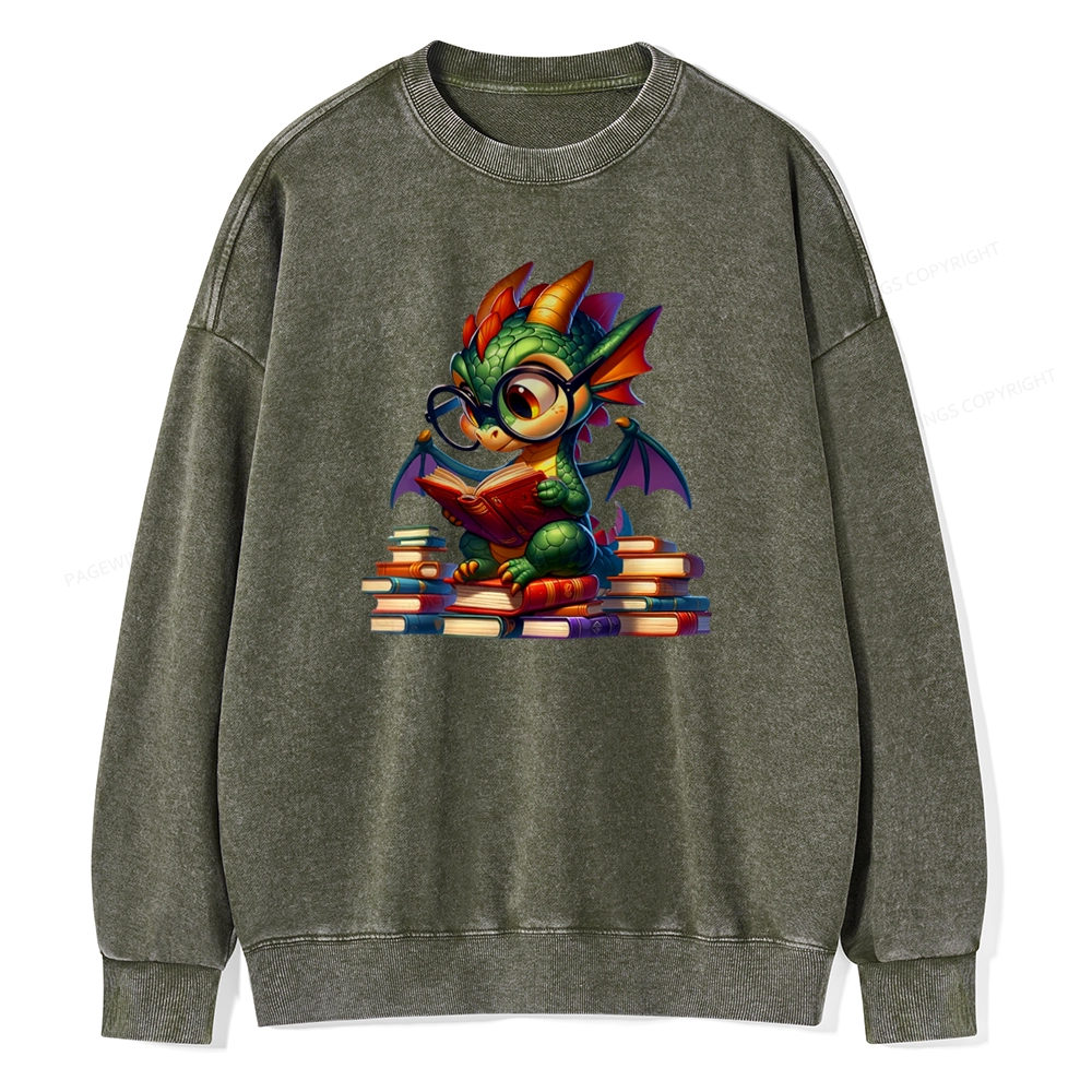 Pagewings Dragon And Books Unisex Washed Sweatshirt