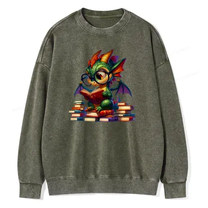 Pagewings Dragon And Books Unisex Washed Sweatshirt