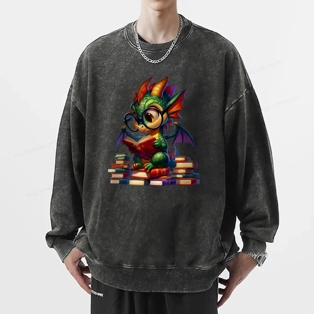 Pagewings Dragon And Books Unisex Washed Sweatshirt