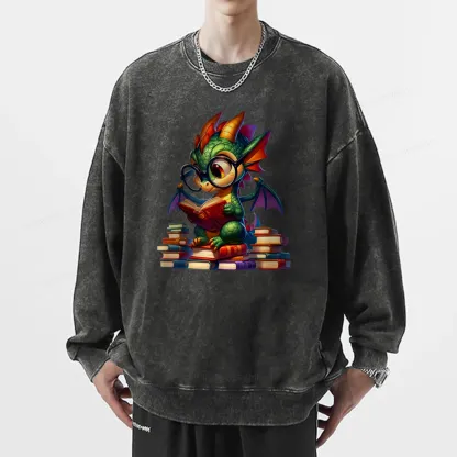Pagewings Dragon And Books Unisex Washed Sweatshirt