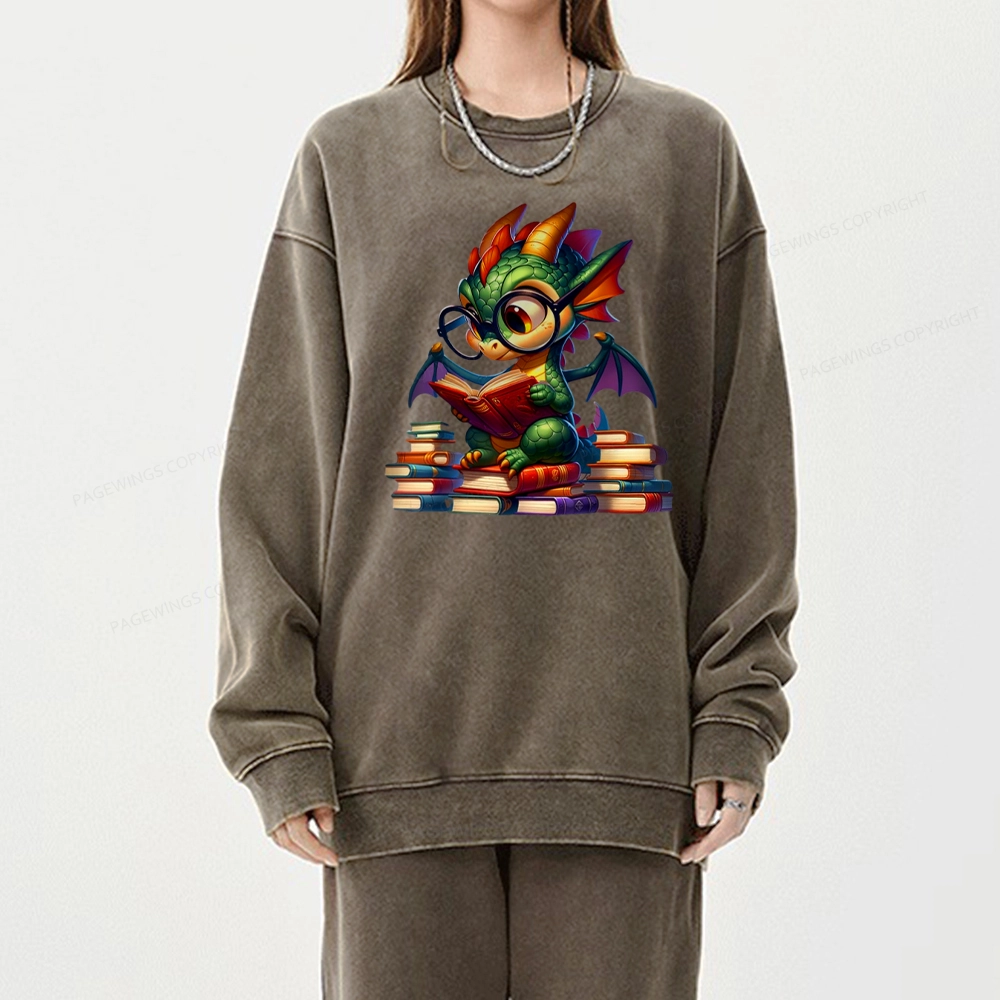 Pagewings Dragon And Books Unisex Washed Sweatshirt