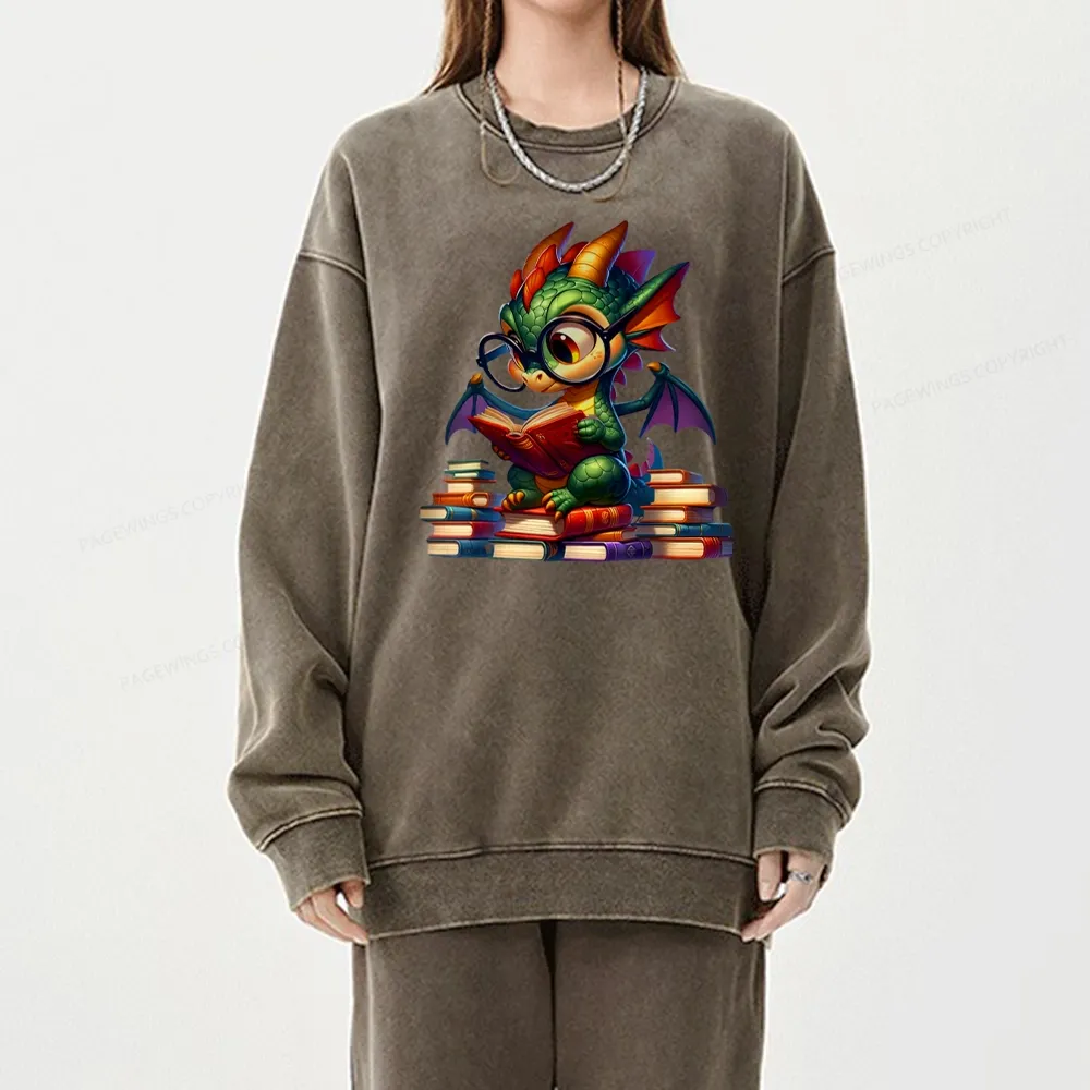 Pagewings Dragon And Books Unisex Washed Sweatshirt