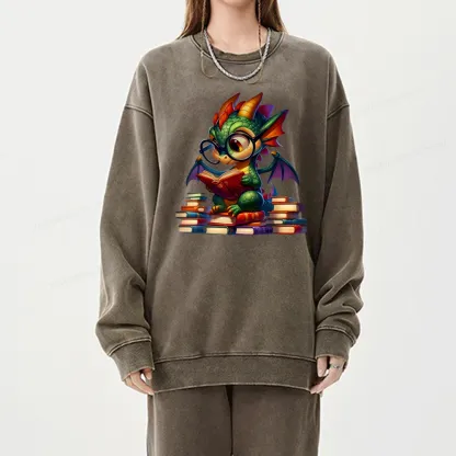 Pagewings Dragon And Books Unisex Washed Sweatshirt
