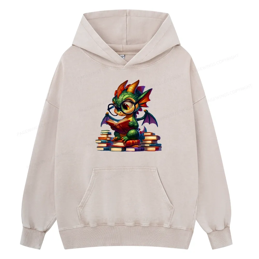 Pagewings Dragon And Books Unisex Washed Hoodie