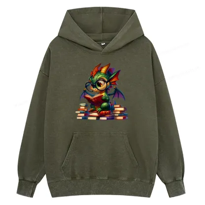 Pagewings Dragon And Books Unisex Washed Hoodie