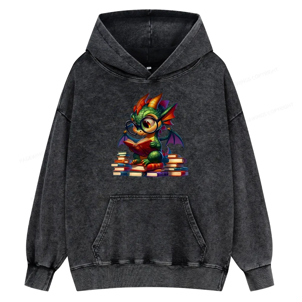 Pagewings Dragon And Books Unisex Washed Hoodie
