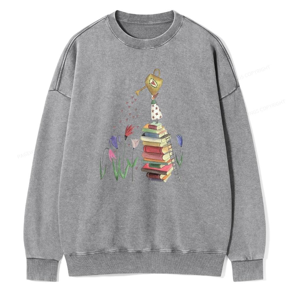 Pagewings Reading Girl Waters Flowers Unisex Washed Sweatshirt