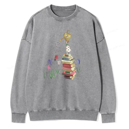 Pagewings Reading Girl Waters Flowers Unisex Washed Sweatshirt