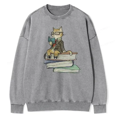 Pagewings Reading Cat Unisex Washed Sweatshirt