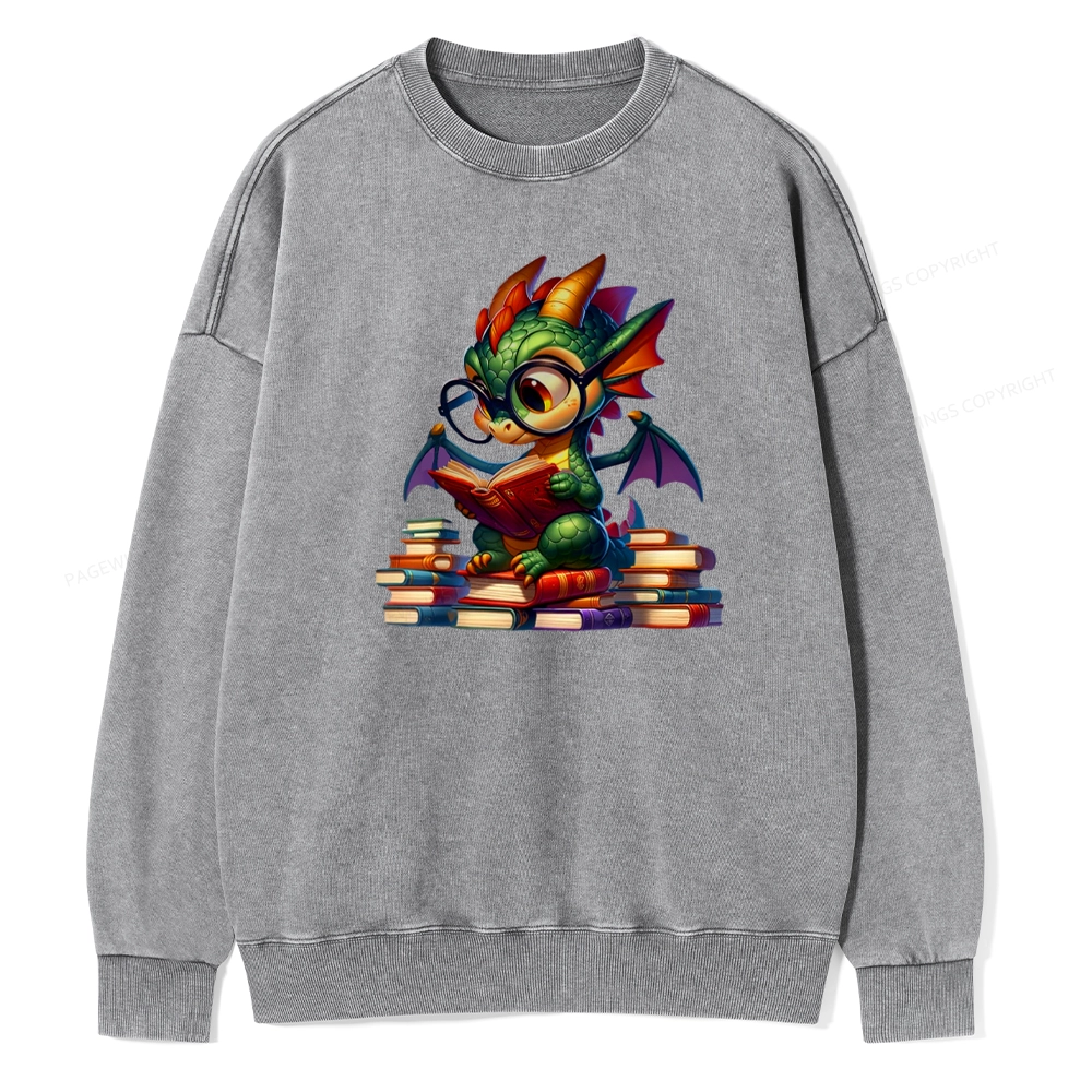 Pagewings Dragon And Books Unisex Washed Sweatshirt