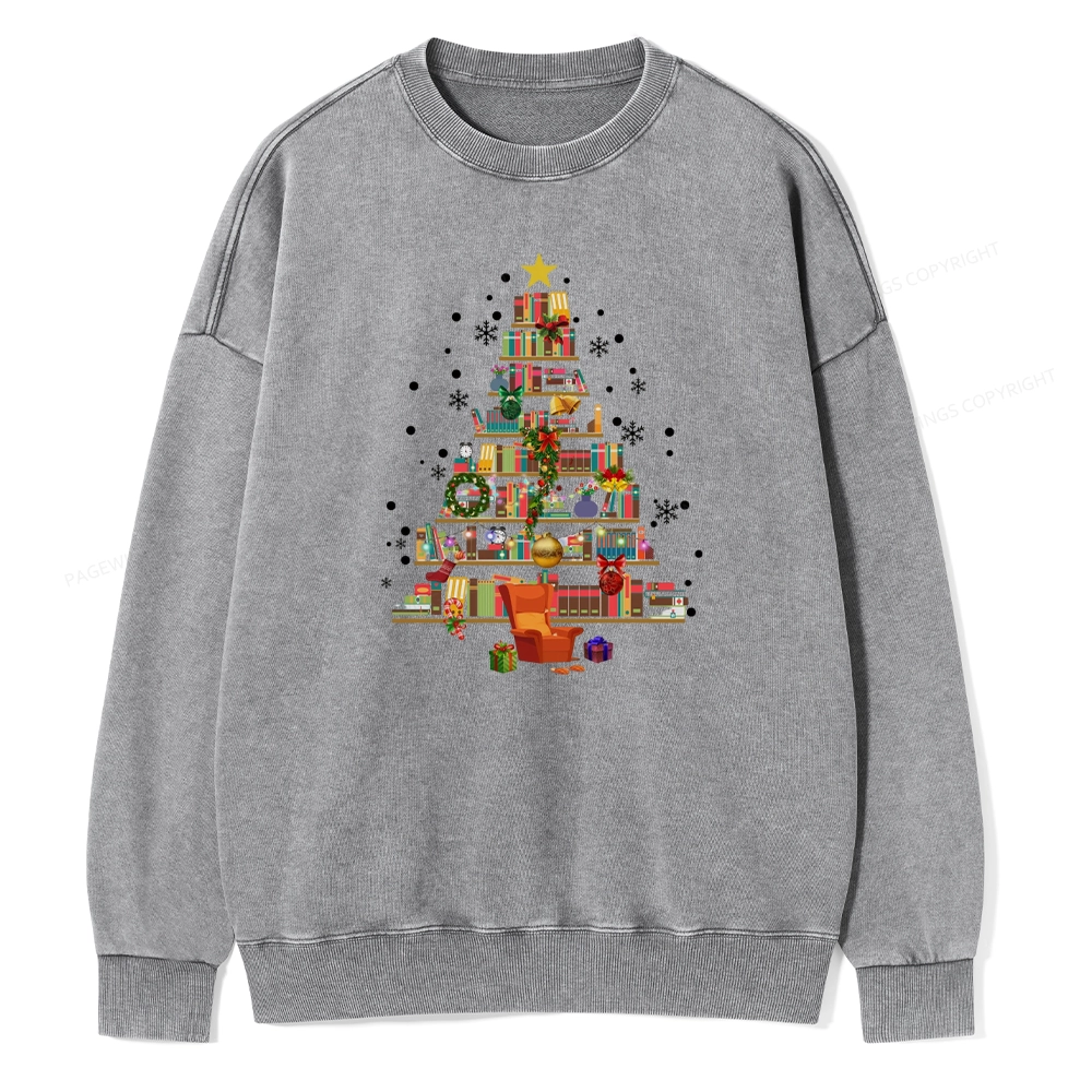 Pagewings Christmas Tree Made Of Books Unisex Washed Sweatshirt