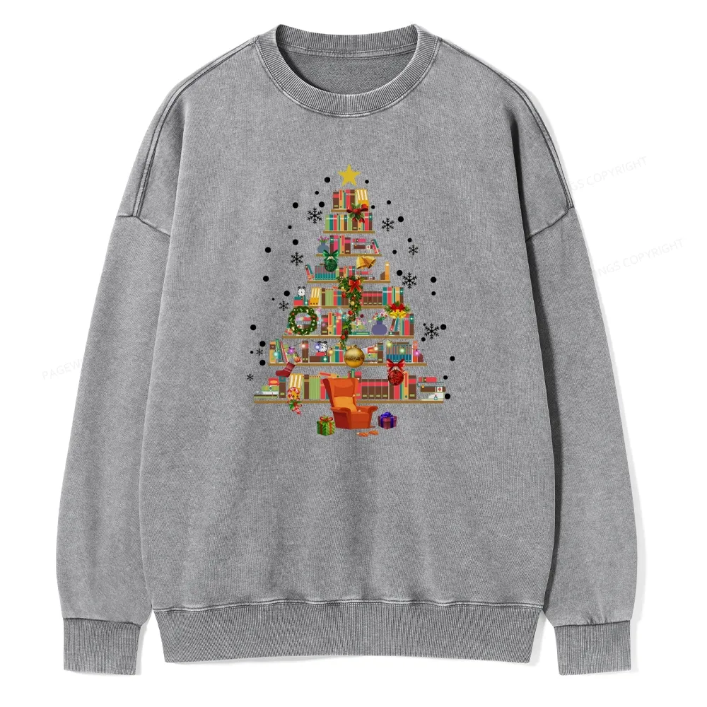 Pagewings Christmas Tree Made Of Books Unisex Washed Sweatshirt