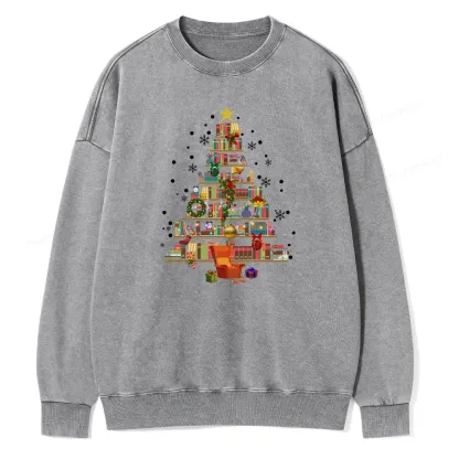 Pagewings Christmas Tree Made Of Books Unisex Washed Sweatshirt