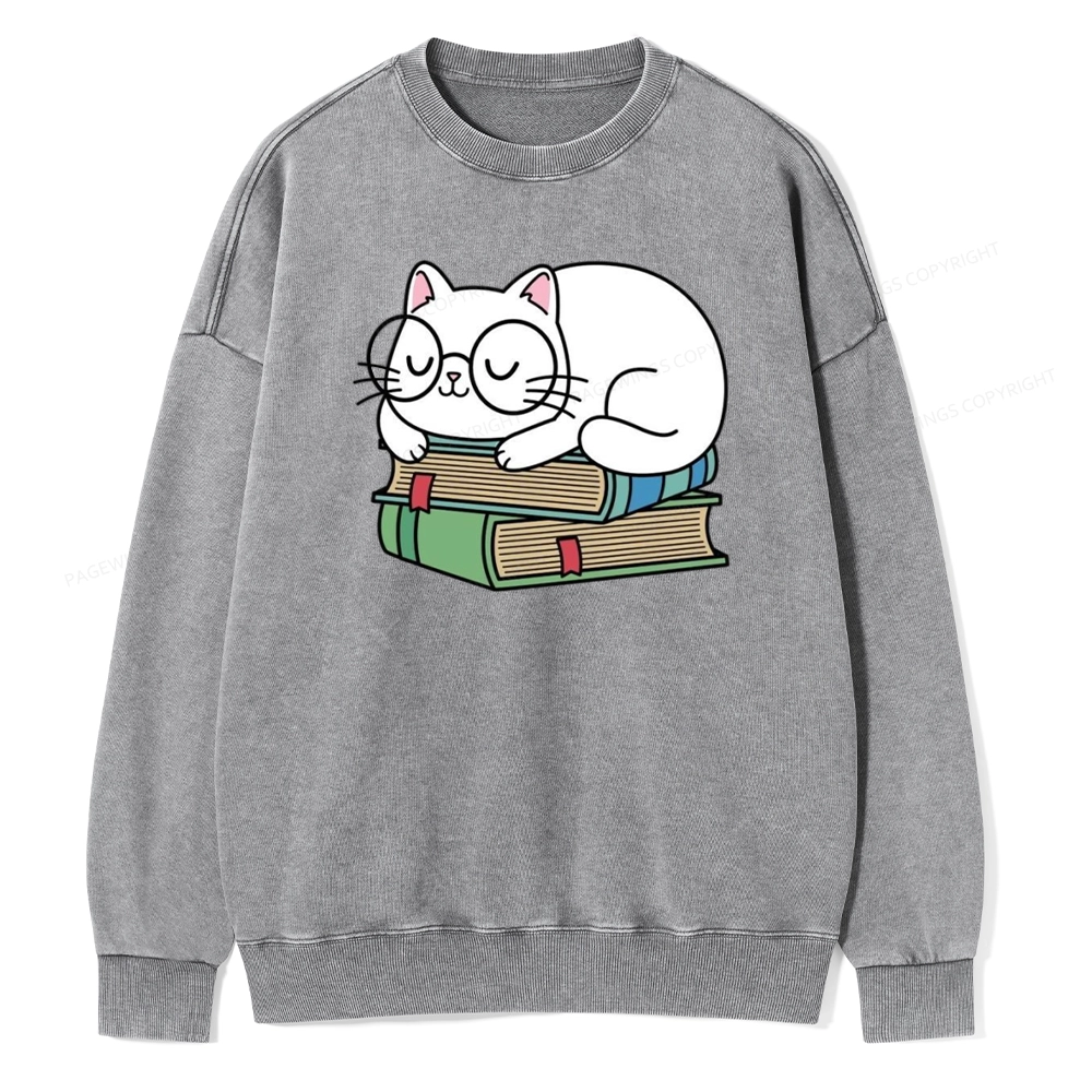 Pagewings Cat Book Reading Unisex Washed Sweatshirt