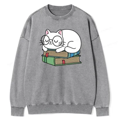 Pagewings Cat Book Reading Unisex Washed Sweatshirt