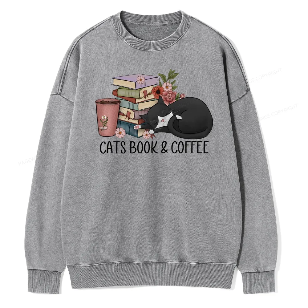 Pagewings Cats Book And Coffee Unisex Washed Sweatshirt