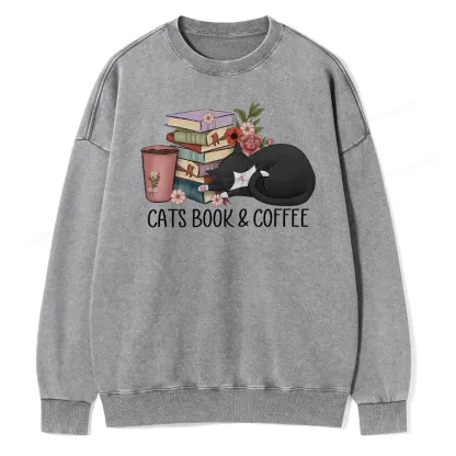 Pagewings Cats Book And Coffee Unisex Washed Sweatshirt