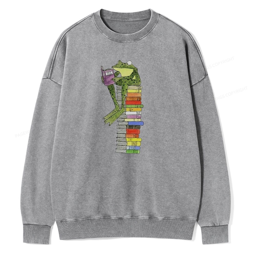 Pagewings A Reading Frog Unisex Washed Sweatshirt