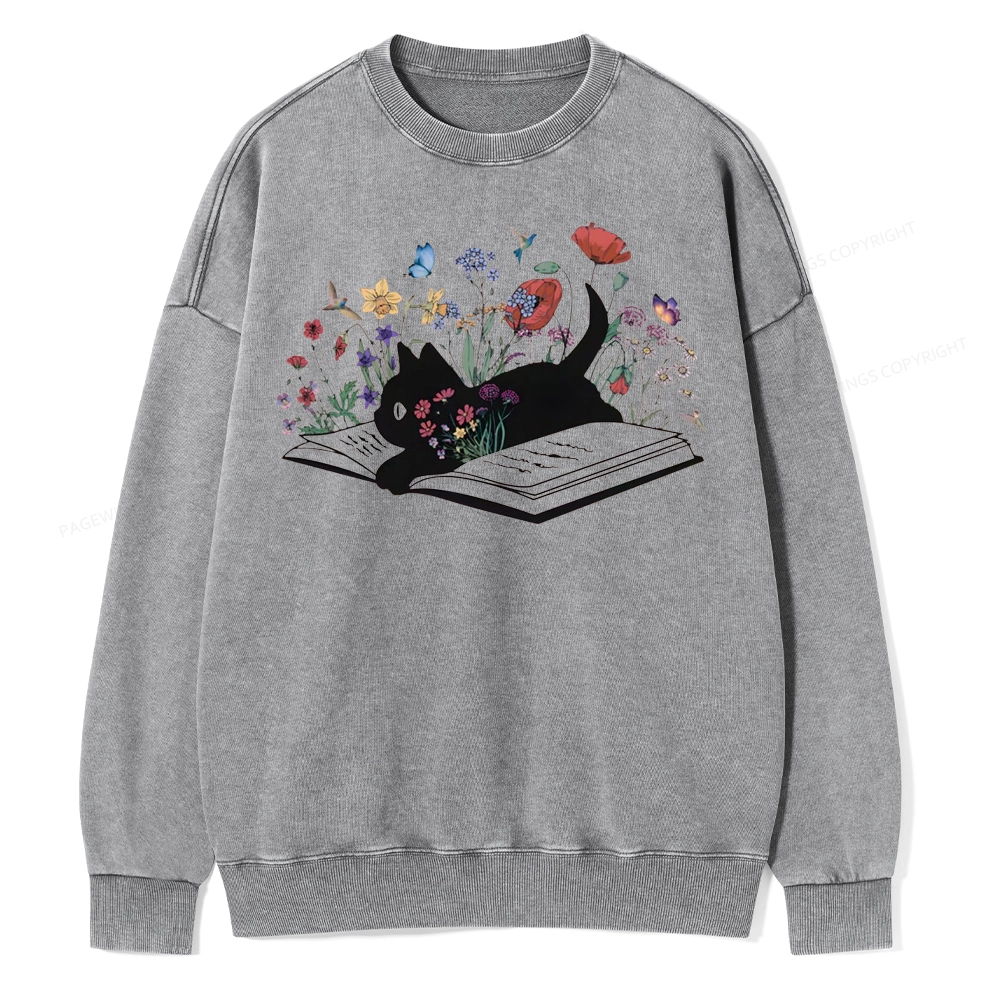 Pagewings Cute Book Cat Unisex Washed Sweatshirt