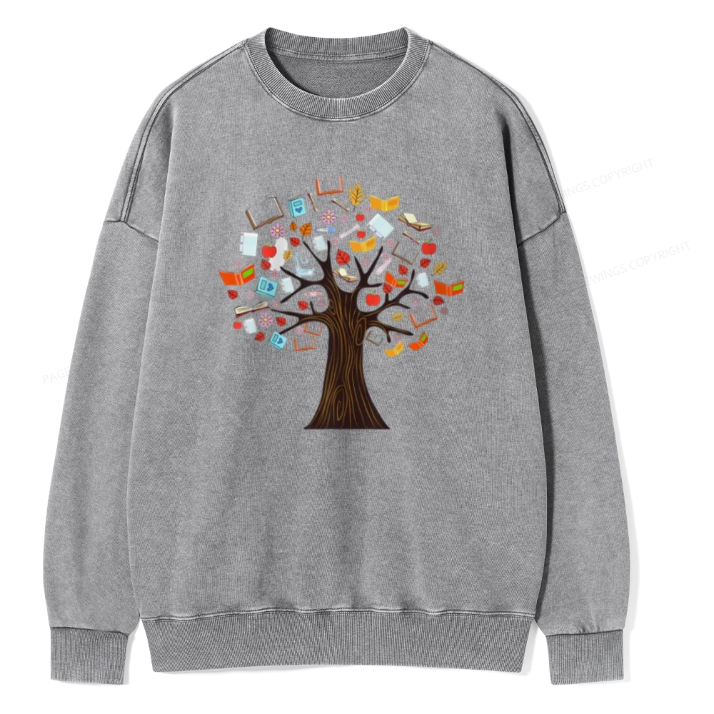 Pagewings Book Tree Vintage Graphic Unisex Washed Sweatshirt