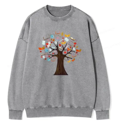 Pagewings Book Tree Vintage Graphic Unisex Washed Sweatshirt