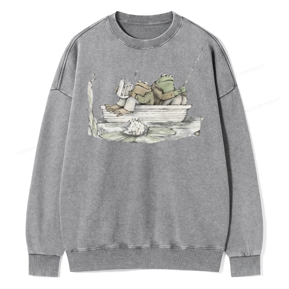 Pagewings Frog Reading Unisex Washed Sweatshirt