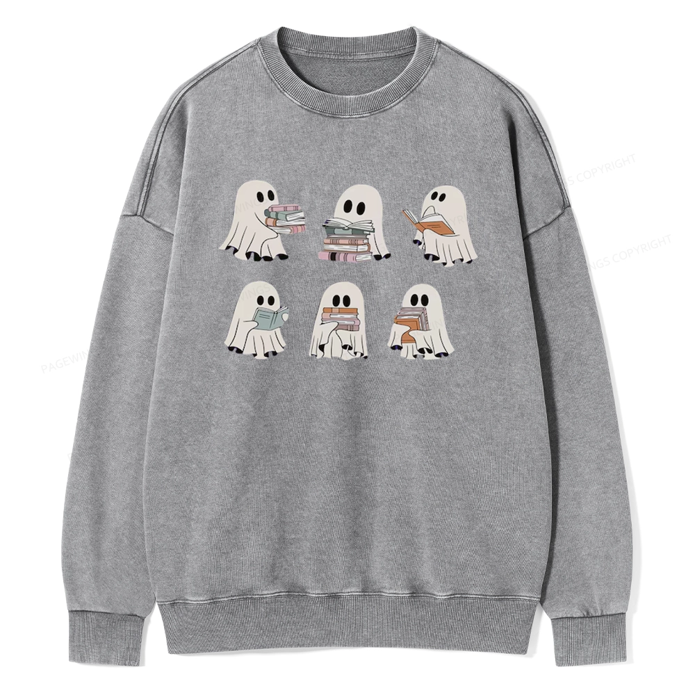 Pagewings Ghost Reading Halloween Unisex Washed Sweatshirt