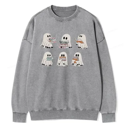 Pagewings Ghost Reading Halloween Unisex Washed Sweatshirt