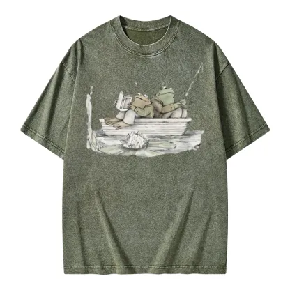 Pagewings Frog Reading Unisex Washed T-shirt