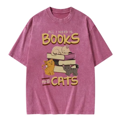 Pagewings All I Need Is Books And Cats Unisex Washed T-shirt