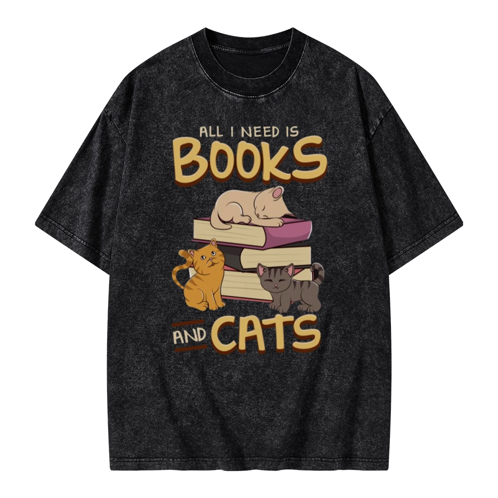 Pagewings All I Need Is Books And Cats Unisex Washed T-shirt