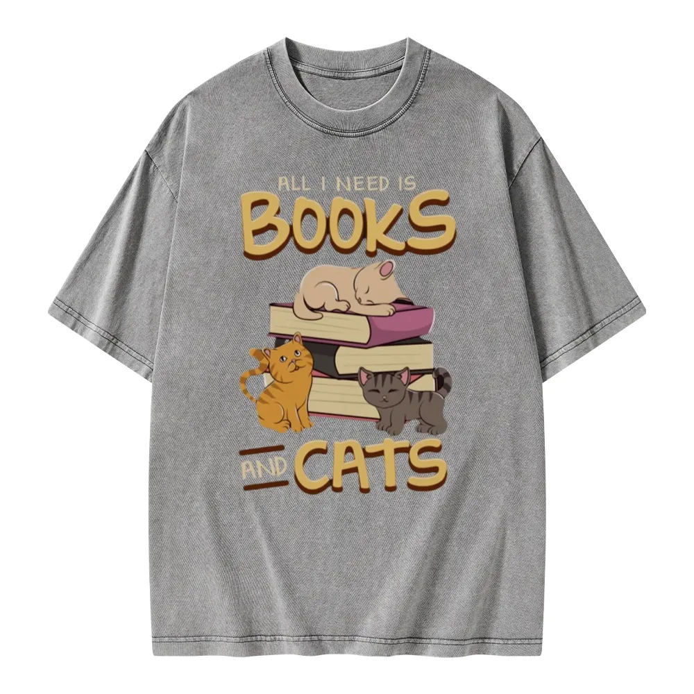 Pagewings All I Need Is Books And Cats Unisex Washed T-shirt
