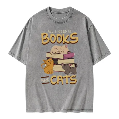Pagewings All I Need Is Books And Cats Unisex Washed T-shirt