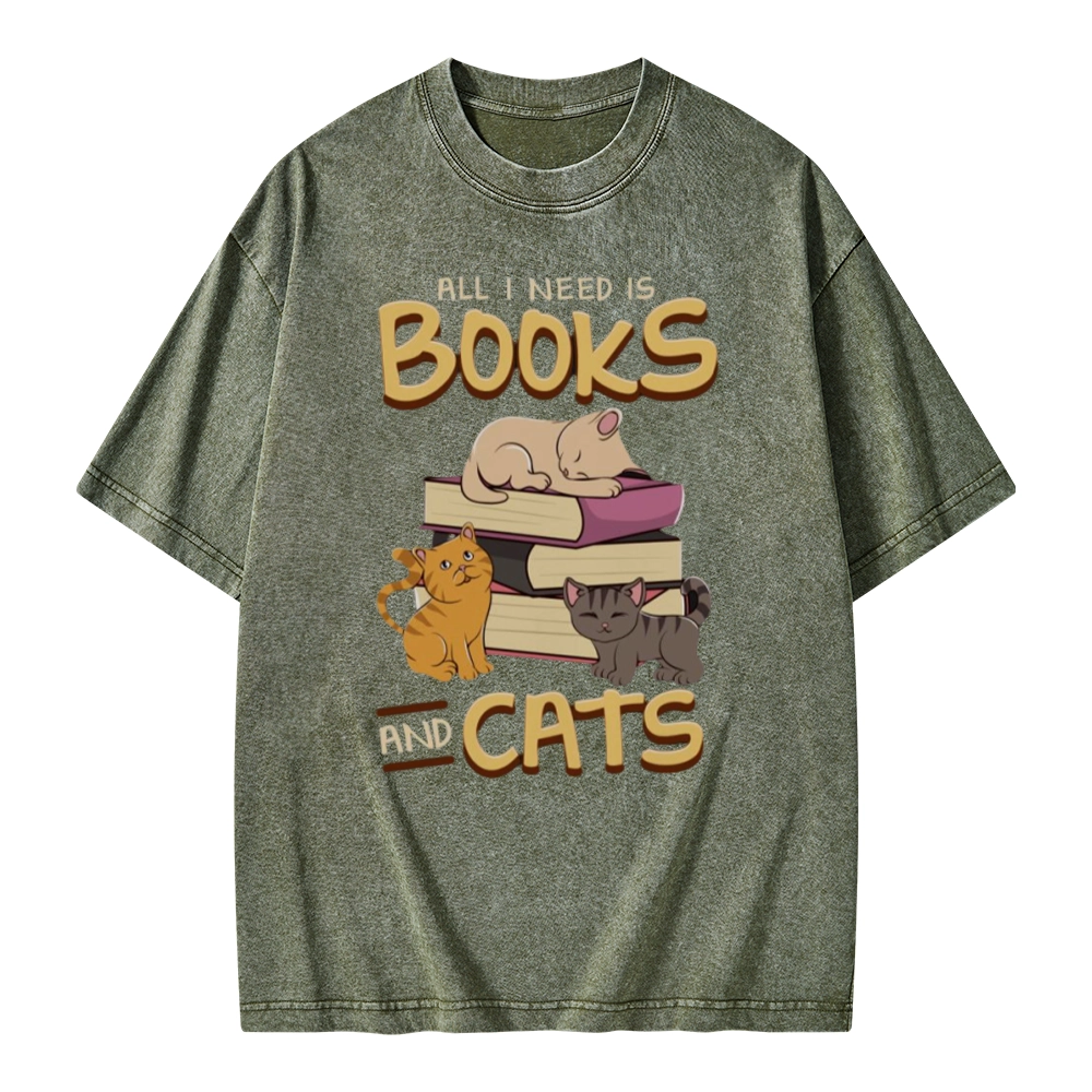 Pagewings All I Need Is Books And Cats Unisex Washed T-shirt