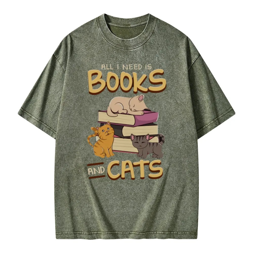 Pagewings All I Need Is Books And Cats Unisex Washed T-shirt
