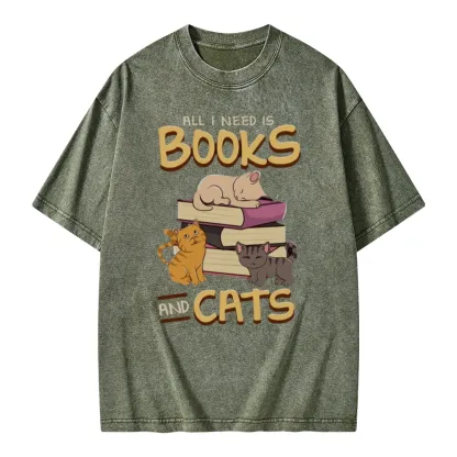 Pagewings All I Need Is Books And Cats Unisex Washed T-shirt