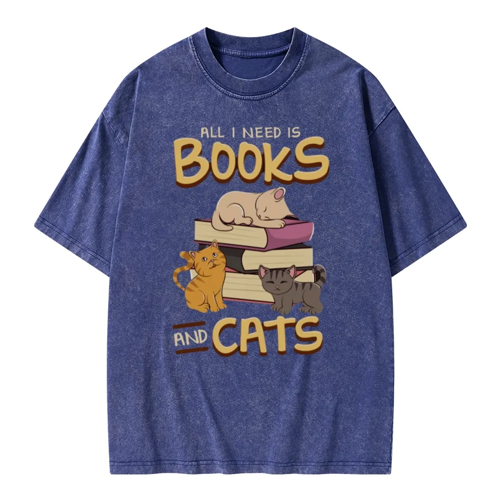 Pagewings All I Need Is Books And Cats Unisex Washed T-shirt