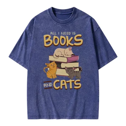 Pagewings All I Need Is Books And Cats Unisex Washed T-shirt