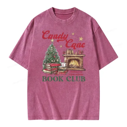 Pagewings Candy Cane Christmas Book Club Unisex Washed T-shirt