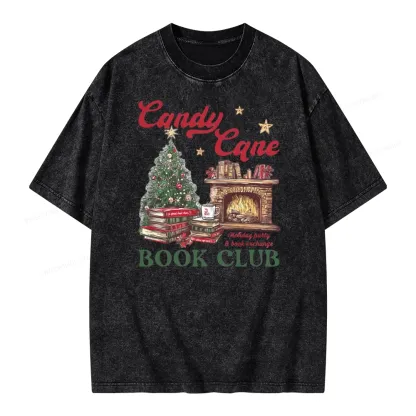 Pagewings Candy Cane Christmas Book Club Unisex Washed T-shirt